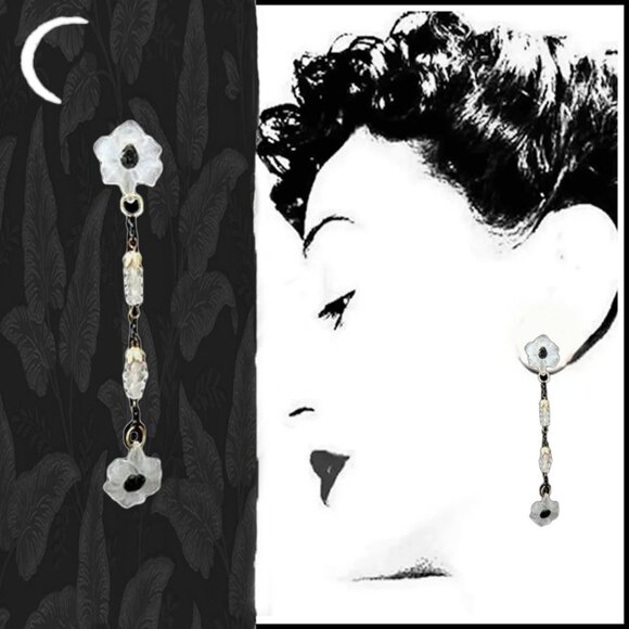 White & Black Earrings Long Dangles Lalique Look Lily, OOAK Recycled Vintag - Picture 1 of 11